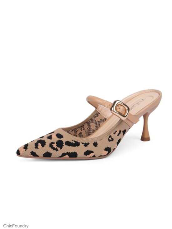 Shoes - Kitten Heel Mules Women Pointed Toe Slip On Buckle Strap Knit Heels